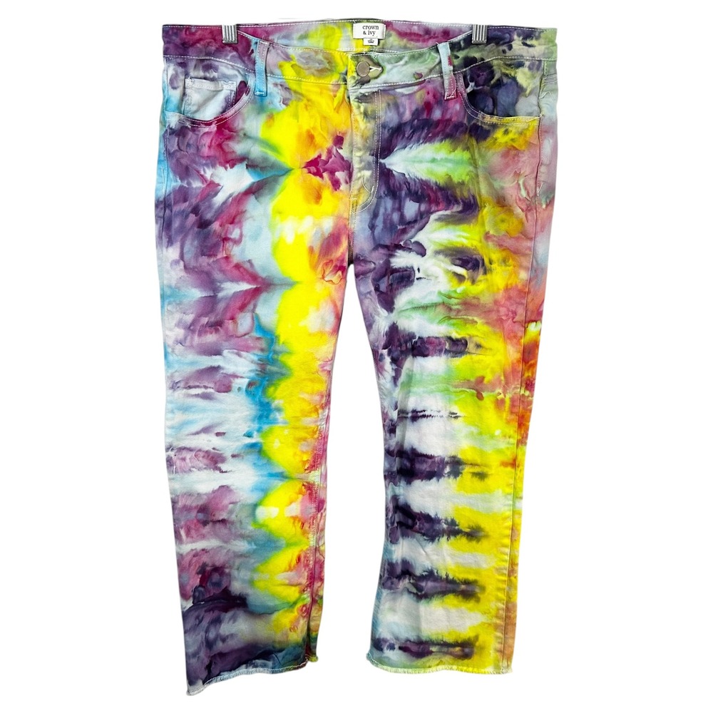 Crown & Ivy Sz 16 Capri Jeans‎ Handmade Tie Dye Denim Yellow Purple Raw Hem 1478